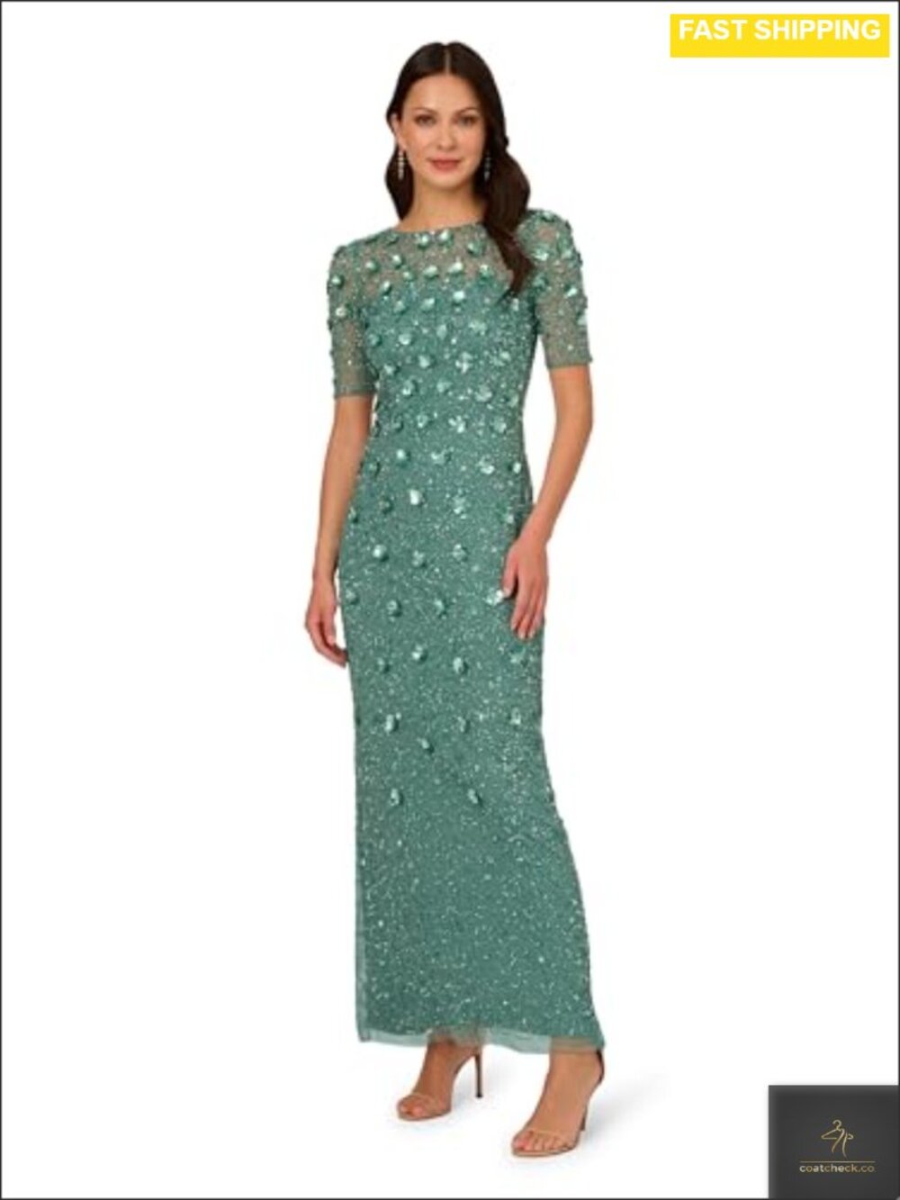 Women's Beaded 3D Floral Long Sheath Dress Crew Neck Evening Gown